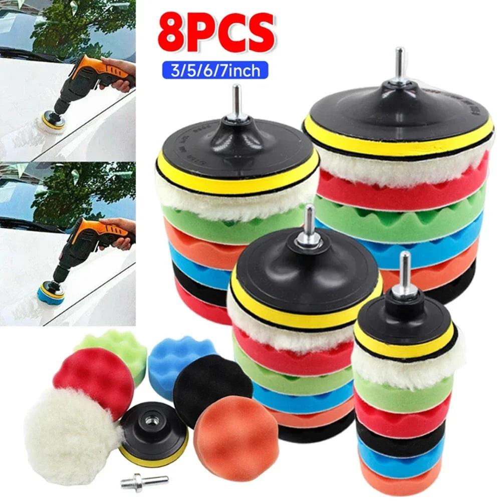8Pcs 3/5/7 Inch Car Polishing Kit | Self-Adhesive Buffing and Waxing Pad Set with Drill Adapter